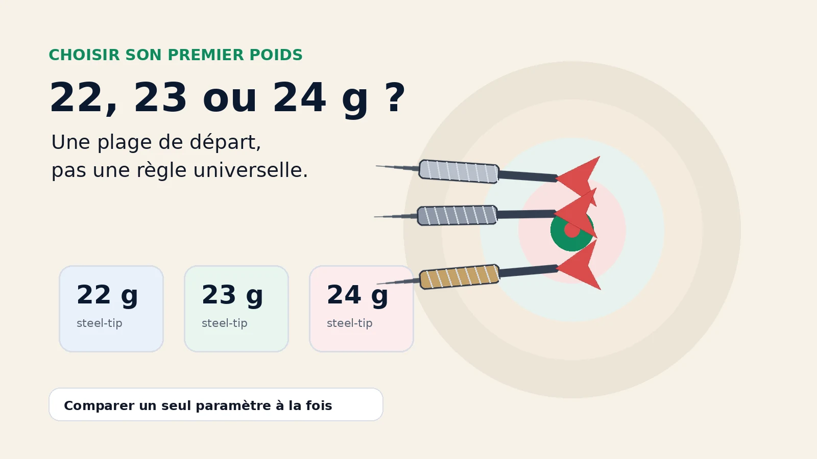 Trois fléchettes présentées avec les poids 22, 23 et 24 grammes face à une cible stylisée.