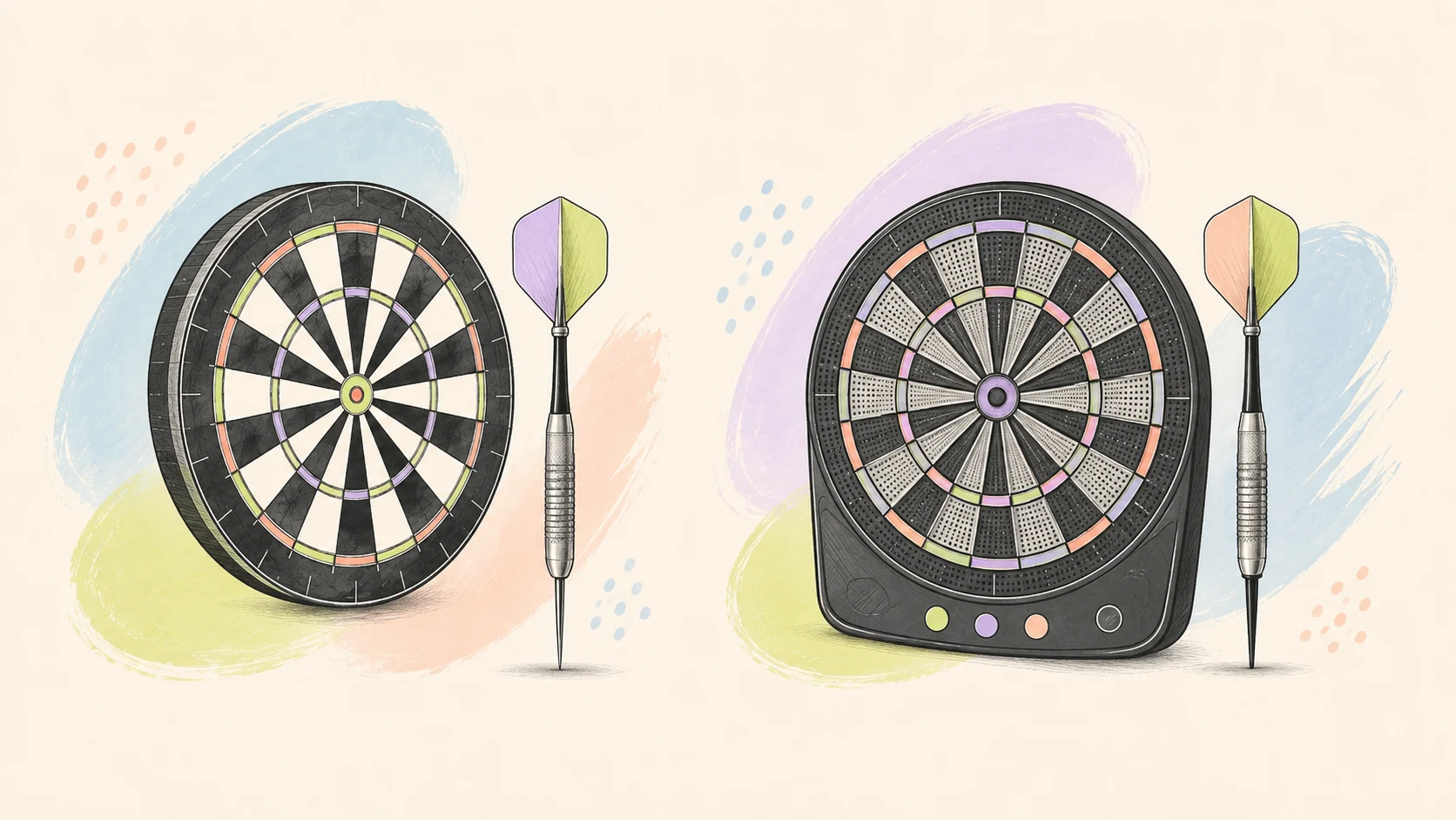 Illustration comparant une fléchette à pointe acier et une fléchette à pointe plastique devant deux cibles génériques.