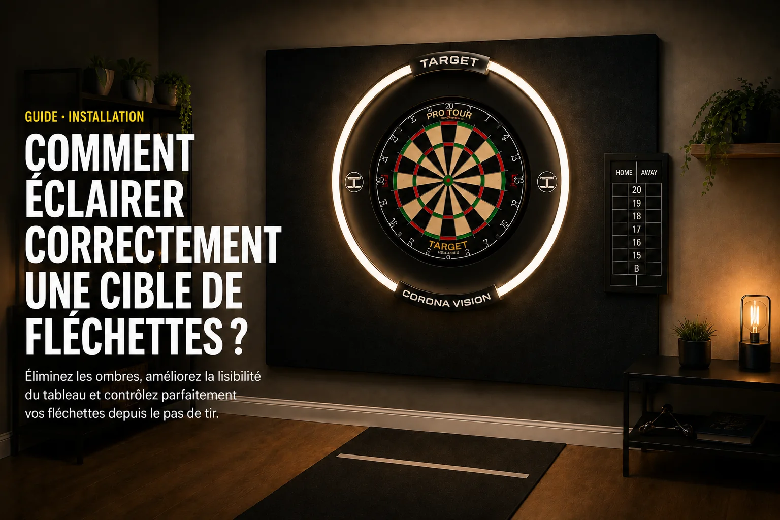 Cible traditionnelle éclairée par un anneau lumineux dans un espace de jeu domestique sombre.