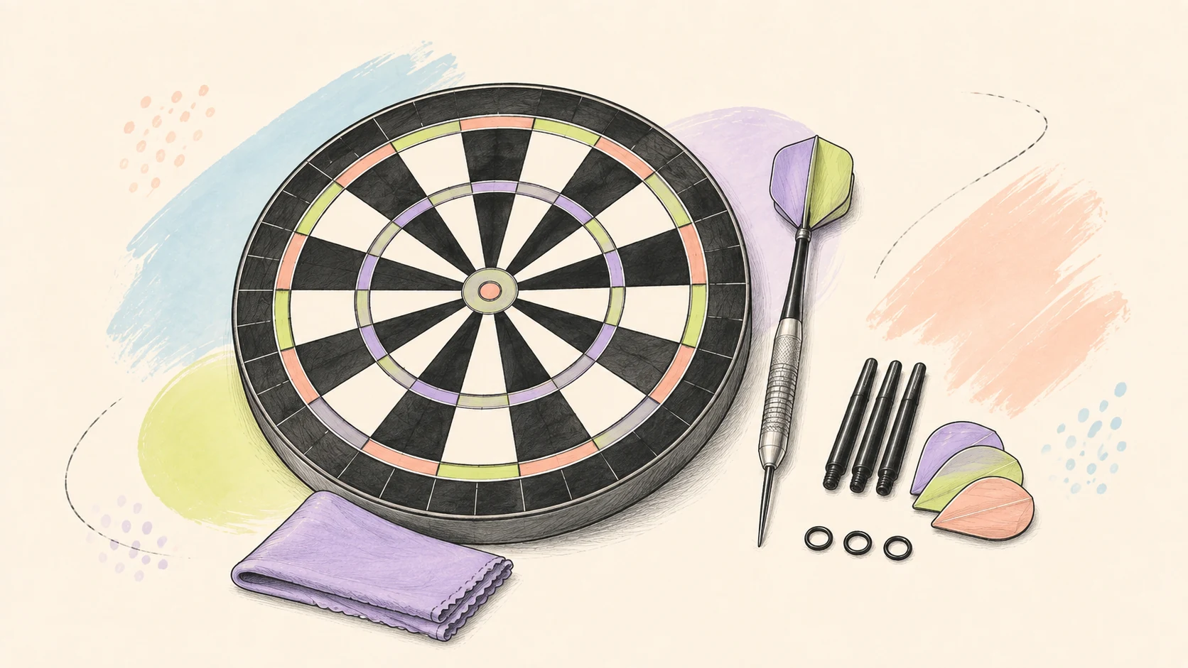 Illustration d’entretien préventif avec une cible bristle, une fléchette et de petites pièces rangées.