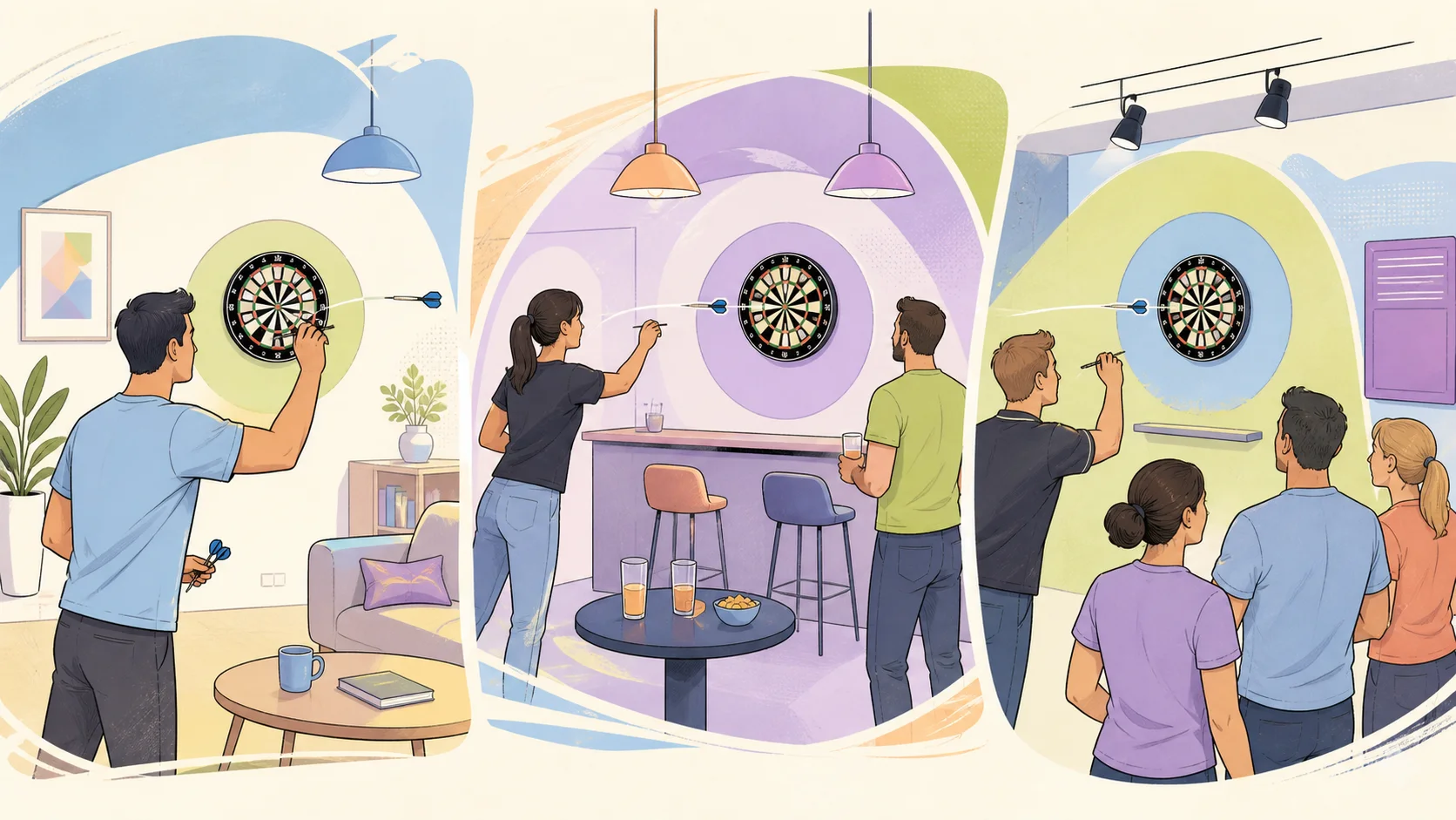 Trois scènes de jeu aux fléchettes : domicile, lieu de loisirs et pratique collective.