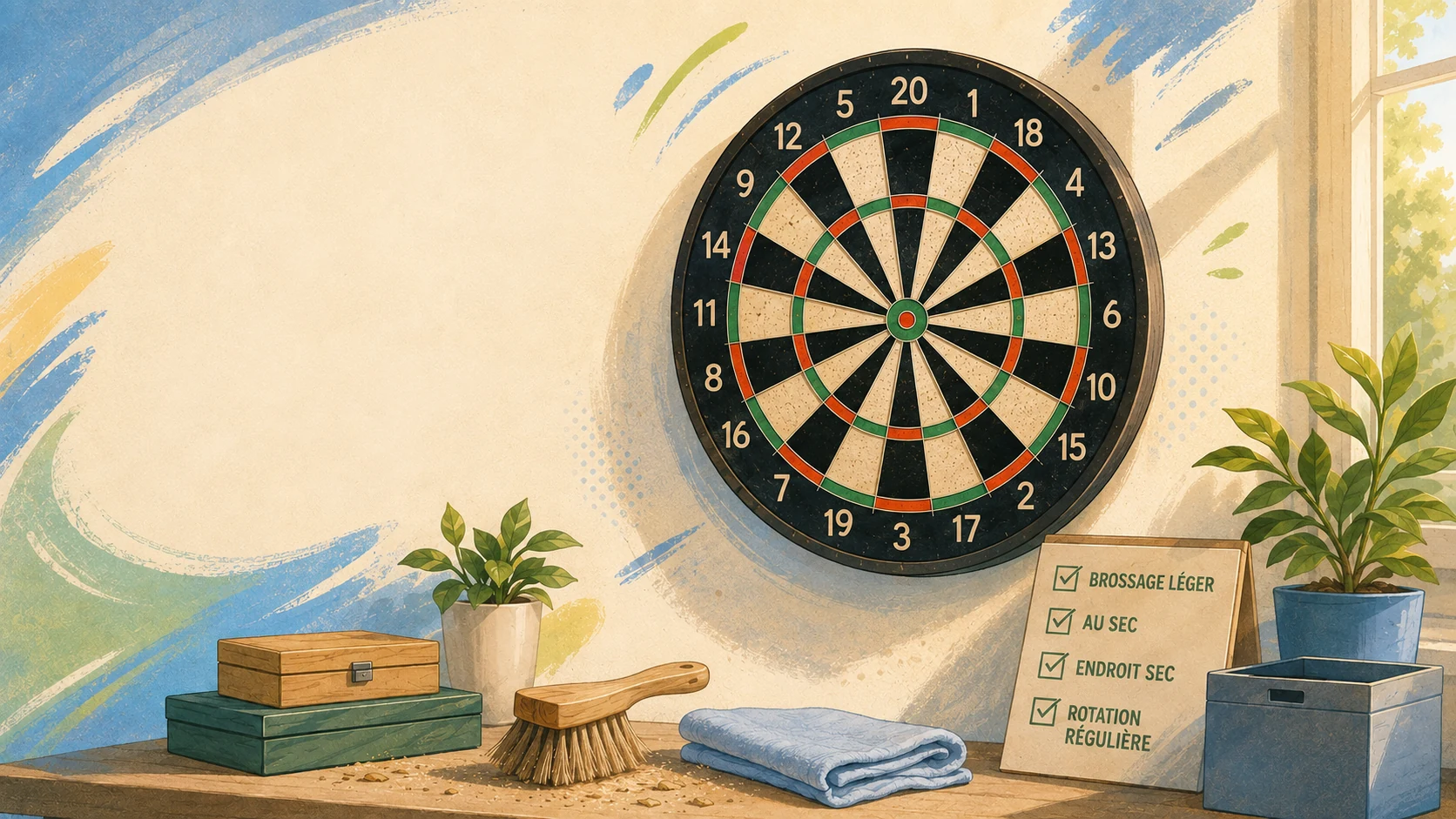 Illustration pastel sportive d’une cible traditionnelle en sisal entretenue à sec avec une brosse douce, dans une pièce intérieure lumineuse et protégée.