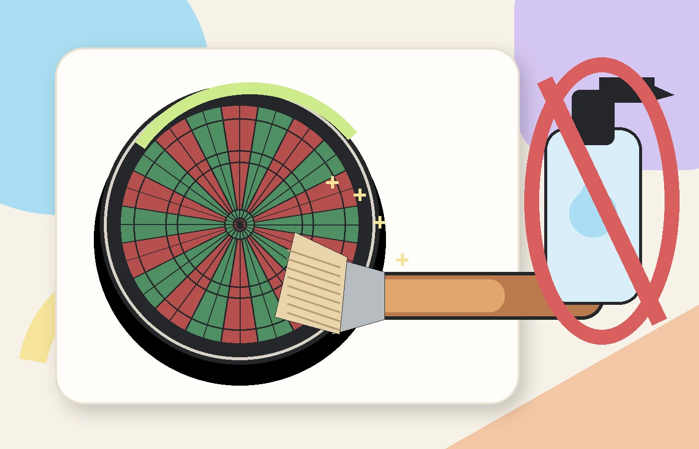Illustration d’une cible en sisal nettoyée doucement avec une brosse sèche, tandis qu’un pulvérisateur barré rappelle de ne pas utiliser de liquide.