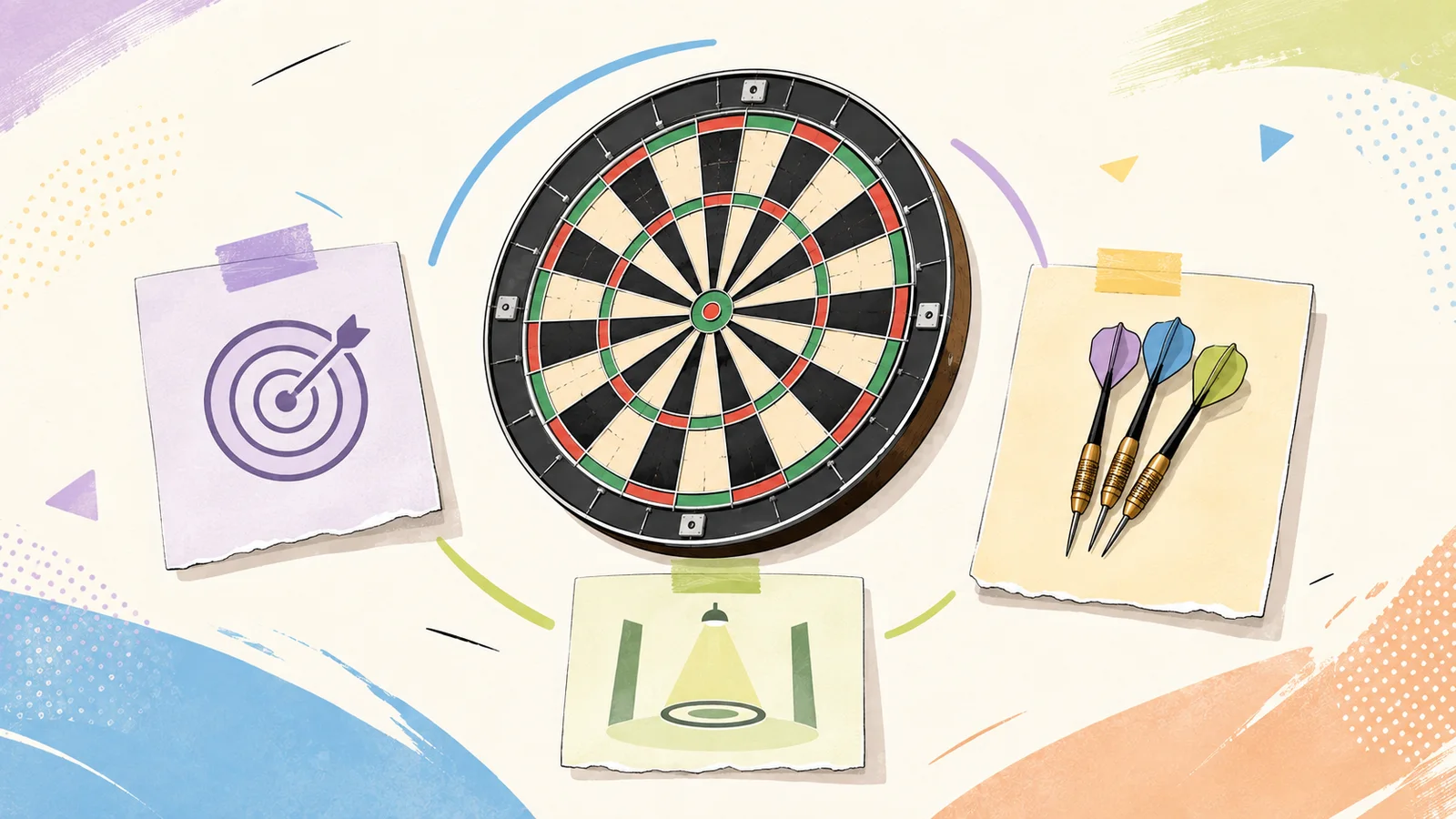 Cible générique et trois repères visuels abstraits pour organiser une pratique de fléchettes.