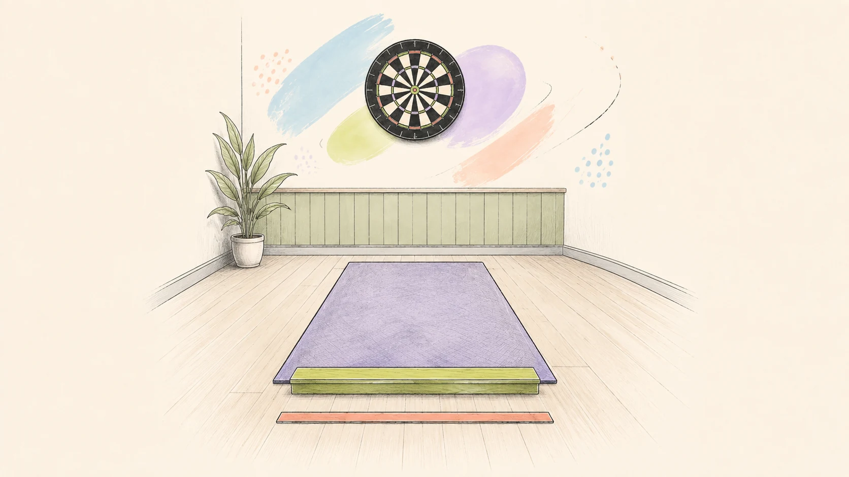Illustration d’une zone de lancer à domicile avec une ligne au sol, un oche relevé et une zone de tapis distincts devant une cible traditionnelle.