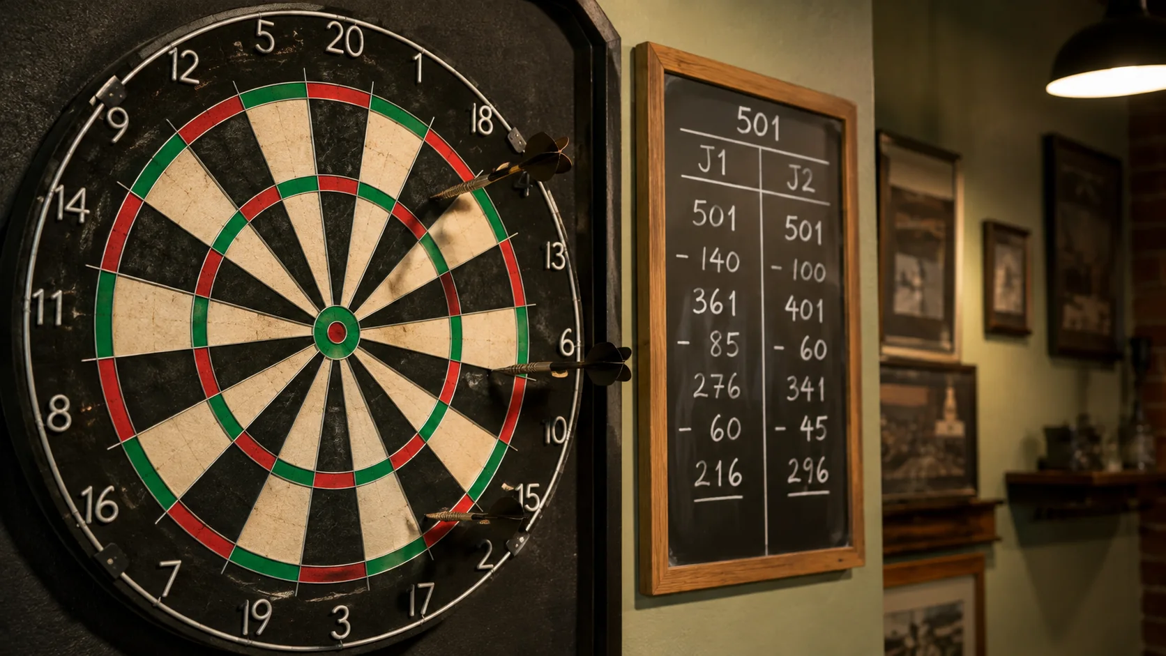 Cible de fléchettes avec tableau de score affichant une partie de 501.