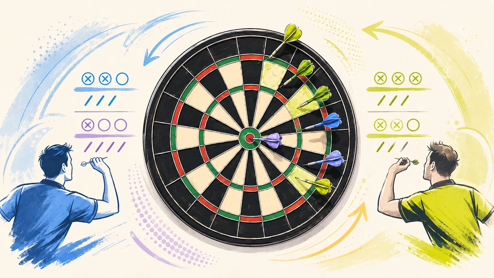 Illustration pastel sportive opposant deux joueurs autour d’une cible, avec les zones du Cricket mises en évidence et des marques symboliques de progression.