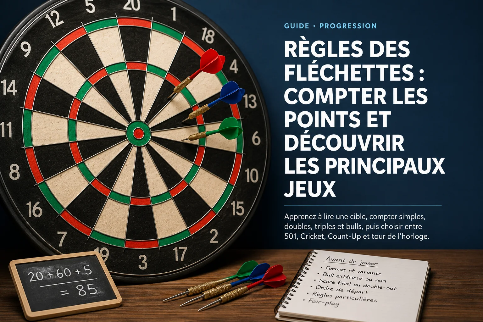Cible traditionnelle accompagnée d’un exemple de calcul et de repères pour découvrir les principaux jeux de fléchettes.
